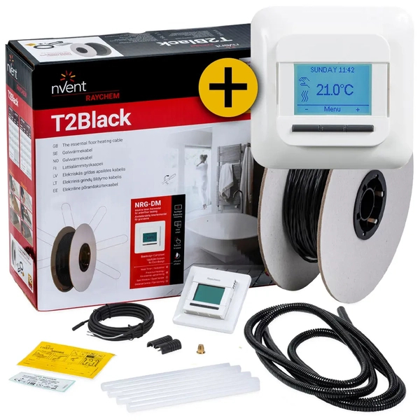 Przewód grzejny do ogrzewania podłogowego pod płytkami Raychem T2Black-12 W/m | długość 35.5 m | moc 435 W | z termostatem R-NRG-DM